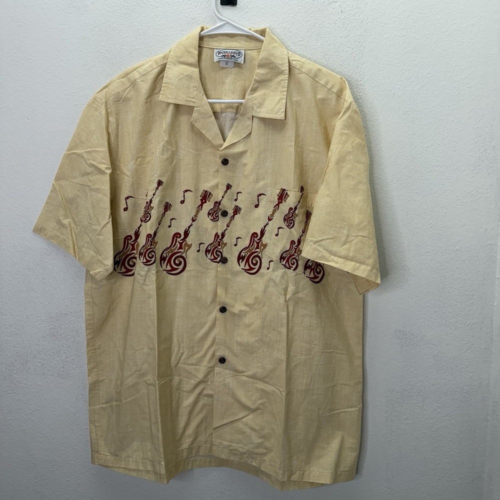 Y2K Pacific Legend Hawaii Guitar Print Aloha Shirt Men XL Tribal Rockabilly Camp